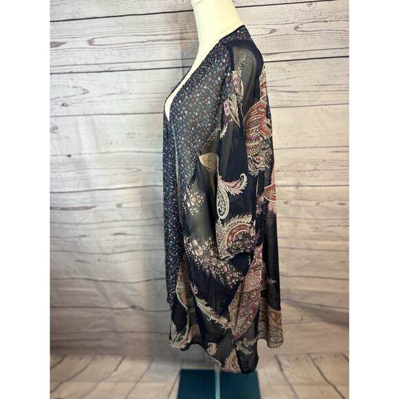 Mixed Floral Paisley Print Kimono Pink Blue Green Size 0/1Boho Lightweight Layer - Picture 2 of 7